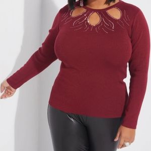 NWT Ashley Stewart Burgundy Crystal Embellished Sweater Size 22/24